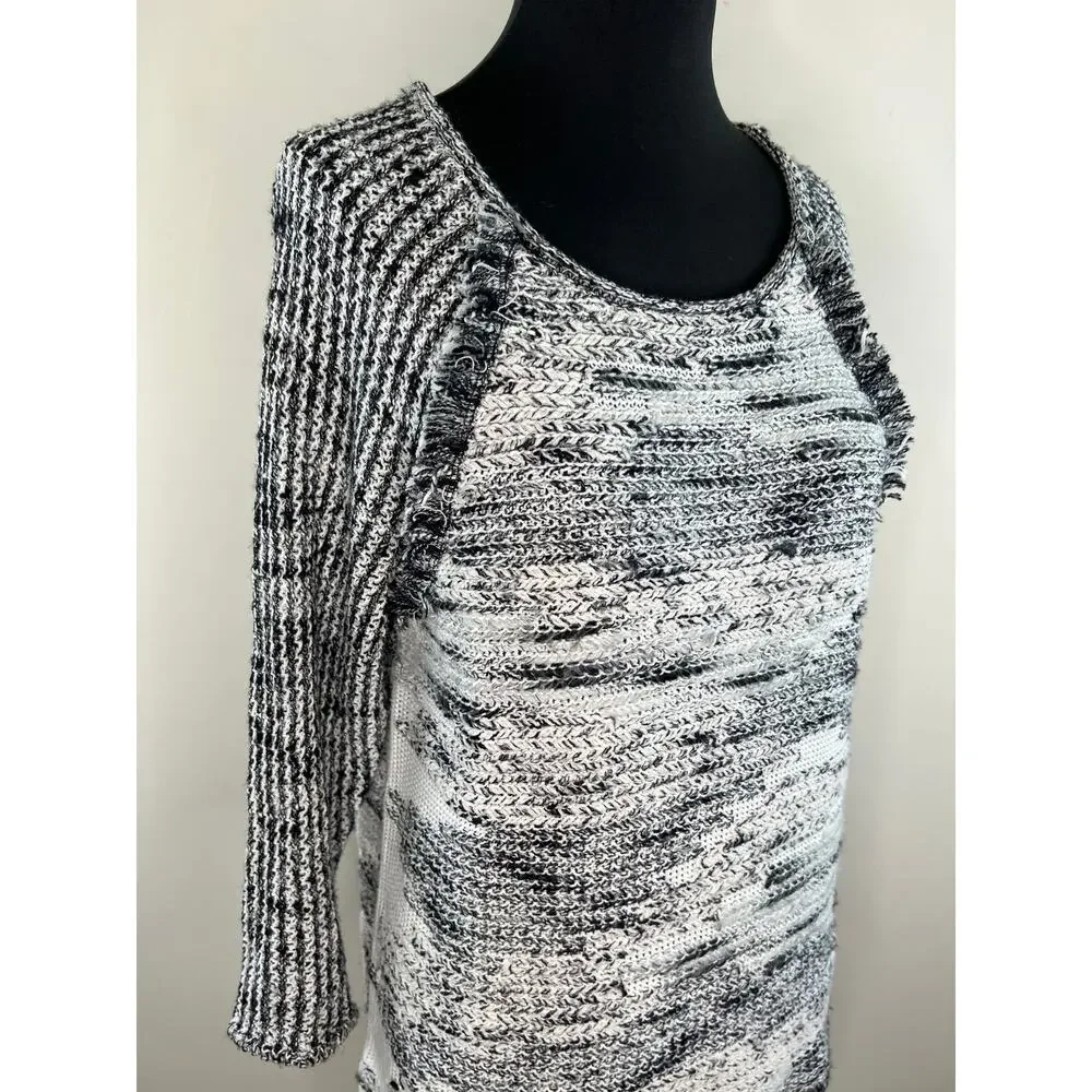 Anthropologie MOTH Black White Slub Knit 3/4 Sleeve Pullover Sweater M Medium